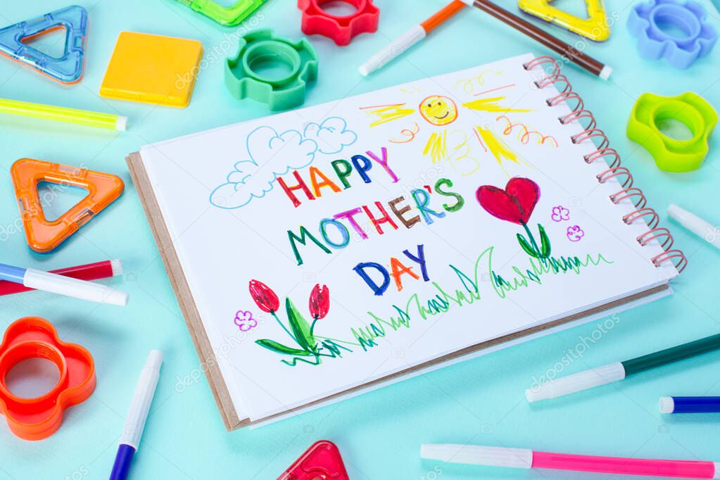 Mothers day card made by a child. Text Happy Mothers day.