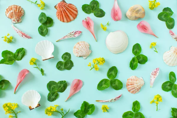 Summer banner background. Seashells, green leaves of clove and petals of summer flowers on a minimal blue background. Place for your text. Copyspace