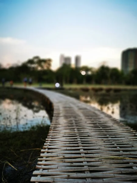 Bamboo bridge with nature blur background.