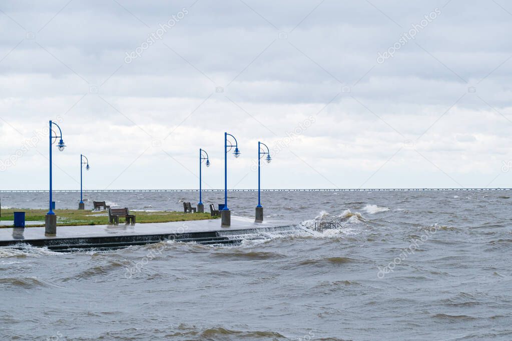 Waves created by gusts from Hurricane Sally on Lake Pontchartrain in New Orleans, Louisiana, USA
