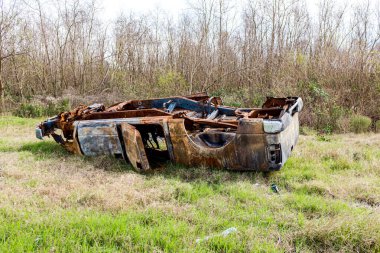 Terk edilmiş, hurdaya dönmüş, paslı bir araba. Banliyöde fazla büyümüş bir arazide.