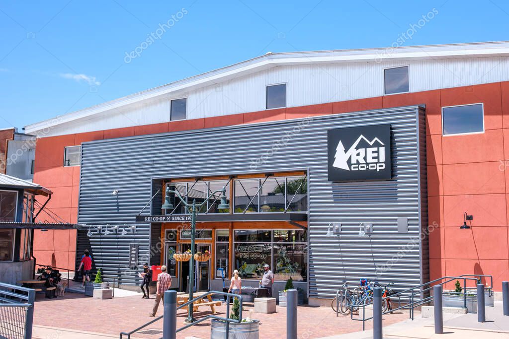 Santa Fe, NM, USA - May 17, 2025: Front of REI Co-op Store on Market Street in the Railyard District