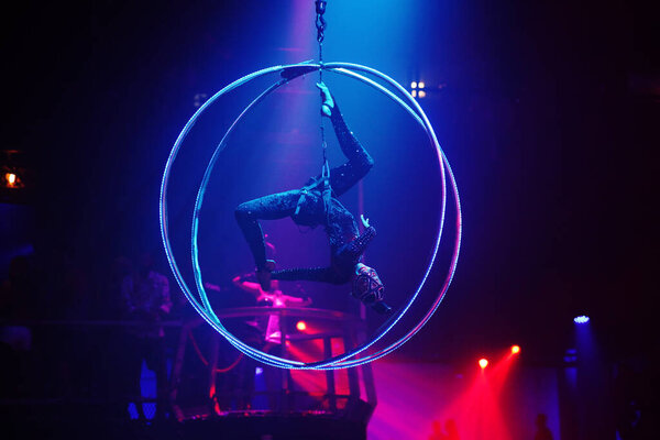 Flexible young woman make performance on aerial hoop, flexible back on aerial hoop, aerial circus show, blue and red light. Flexible woman gymnast upside down on hoop. Cat costume