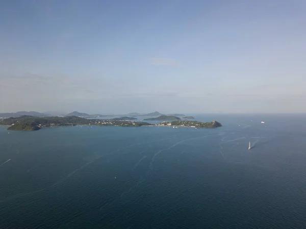 Tropisch Eiland Schieten Uit Lucht Bij Zonsondergang Tijd Berg Klein — Stockfoto