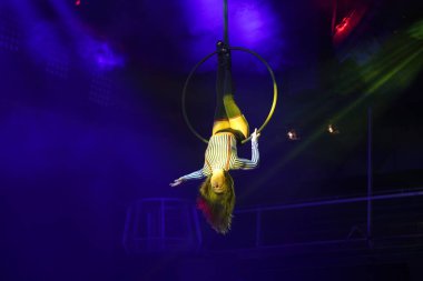 Esnek genç kadın hava çemberinde performans sergiliyor, hava çemberinde esnek duruyor, hava sirki gösterisi, sarı mavi mavi ışık. Esnek kadın jimnastikçi potada baş aşağı duruyor. Gece kulübü performansı