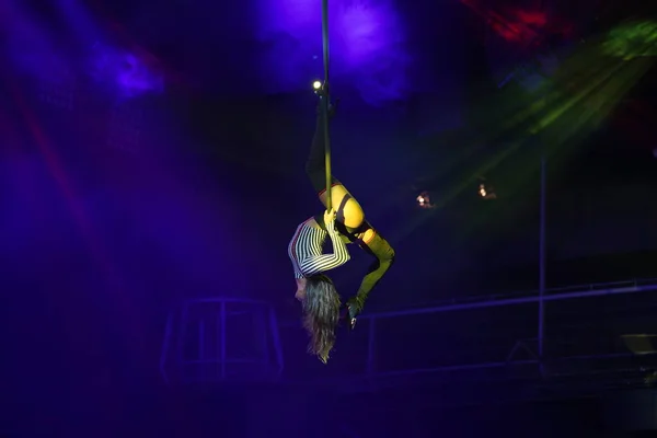 Esnek genç kadın hava çemberinde performans sergiliyor, hava çemberinde esnek duruyor, hava sirki gösterisi, sarı mavi mavi ışık. Esnek kadın jimnastikçi potada baş aşağı duruyor. Gece kulübü performansı