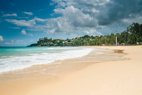 tropical beach landscape with trees on the shore of the beach and cloudy sky. Summer vacation and nature travel adventure concept.. Summer composition. High quality photo