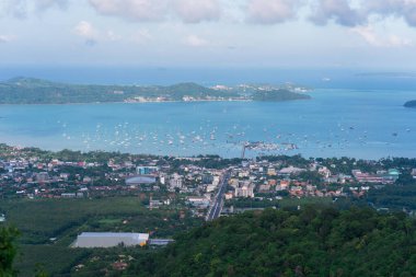 Aerial view of chalong Bay, parking of yachts and catamarans. High quality photo