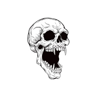 Keskin dişli bir kafatasının siyah beyaz çizimi