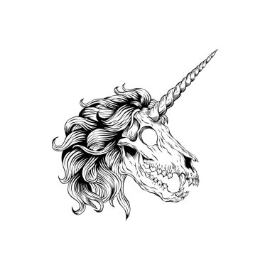 Tek boynuzlu at iskeletinin el çizimi vektör çizimi