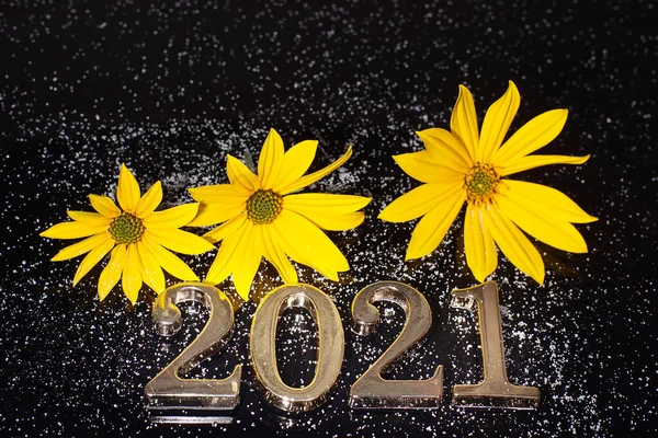 Flores Brillantes Números 2021 Metal Sobre Fondo Oscuro — Foto de Stock