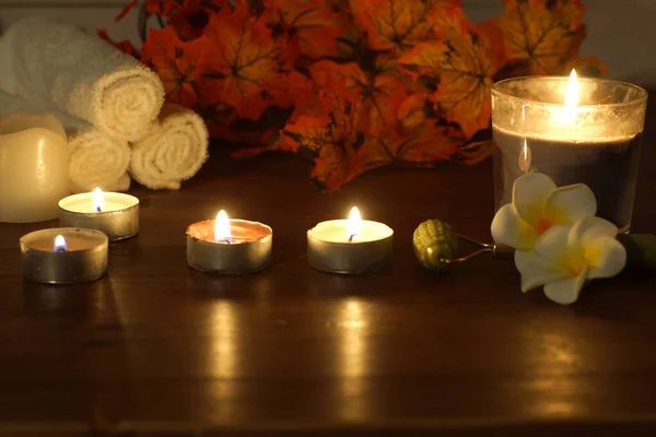 Autumn Composition Spa Theme Burning Candles — Stock Photo, Image