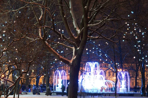 Krásná fontána s večerním osvětlením v zimě — Stock fotografie