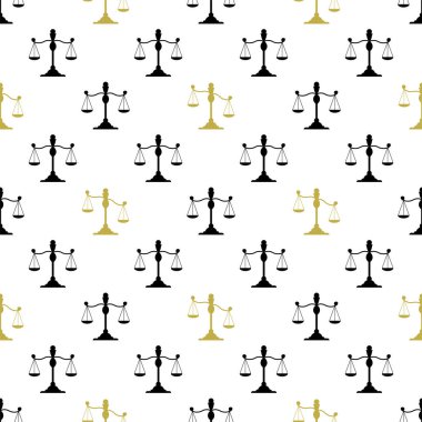 Seamless pattern with scales. Scales black and gold silhouette. Balance and finance and justice symbol. Weighing objects, measuring weight vector
