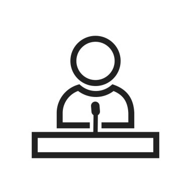 Sözcü, misafir, konferans, konuşma ikonu görüntüsü. Eğitim, akademik ve bilim için de kullanılabilir. Web uygulamalarında, mobil uygulamalarda ve yazdırma ortamlarında kullanılabilir.