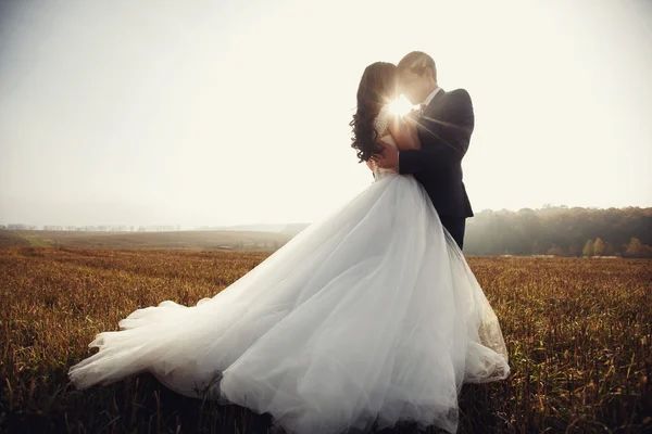 Romantic fairytale newlywed couple hug — Stock Photo, Image