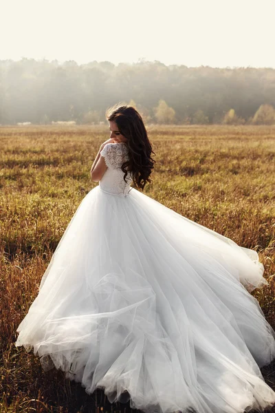 하얀 드레스를 입고 아름 다운 갈색 머리 신부 — 스톡 사진