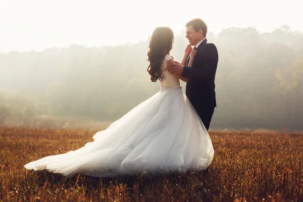 Romântico conto de fadas recém-casados abraço casal — Fotografia de Stock