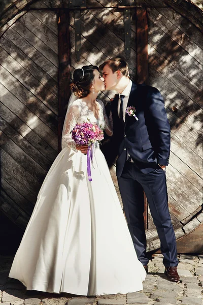 Beautiful brunette bride and handsome groom — Stock Photo, Image