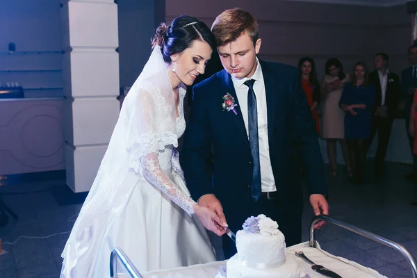 Feliz hermosa recién casados corte delicioso pastel de boda blanco a — Foto de Stock