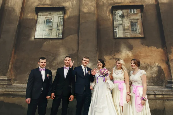 Recém-casados, damas de honor e padrinhos — Fotografia de Stock