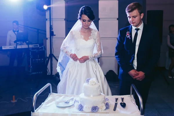 Feliz hermosa recién casados corte delicioso pastel de boda blanco a — Foto de Stock