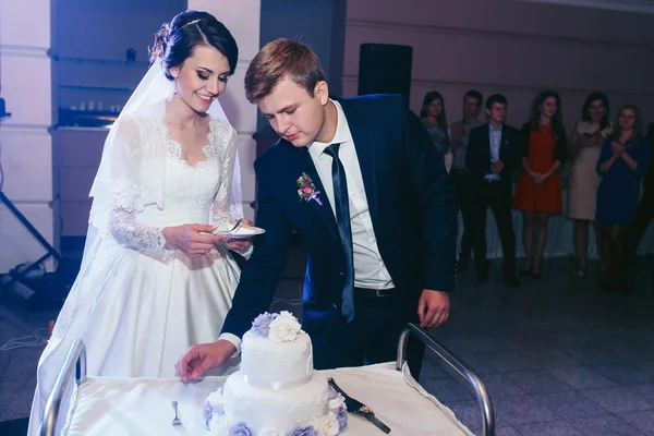 Ευτυχισμένος όμορφη νεόνυμφους κοπή νόστιμο λευκό γαμήλια τούρτα ένα — Φωτογραφία Αρχείου
