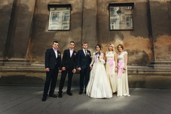 Jonggehuwden, bruidsmeisjes en groomsmen — Stockfoto