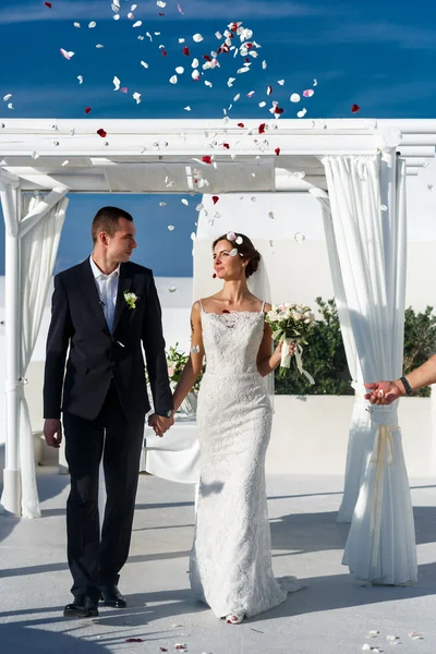 Newlywed wife and husband walking