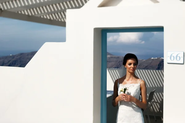 Elegáns barna menyasszony, fehér ruhában — Stock Fotó