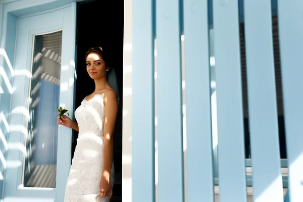Elegante noiva morena em vestido branco — Fotografia de Stock