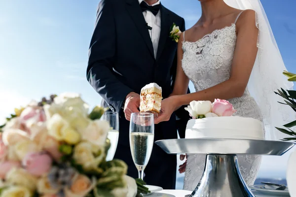 Bride and groom carving wedding cake — Stock Photo, Image