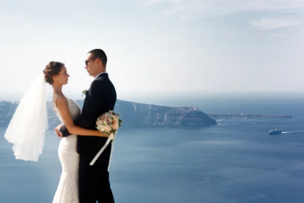 Romantic beautiful couple hugging on terrace — Stock Photo, Image