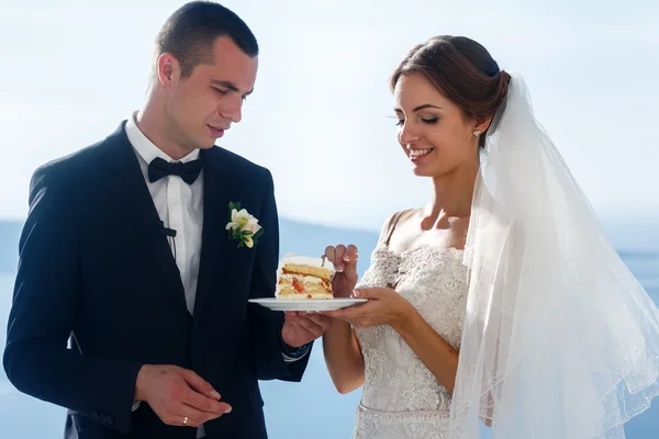 Happy bride and groom eating cake — Stock Photo, Image