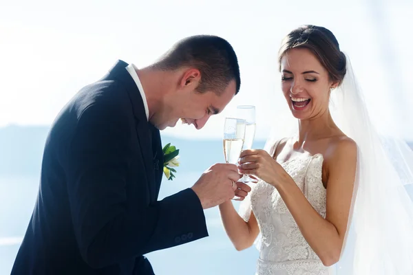 Recién casada pareja bebiendo champán —  Fotos de Stock