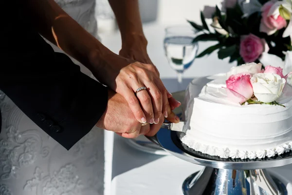 Bruden och brudgummen carving bröllopstårta — Stockfoto