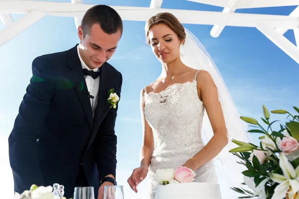 Braut und Bräutigam schnitzen Hochzeitstorte — Stockfoto