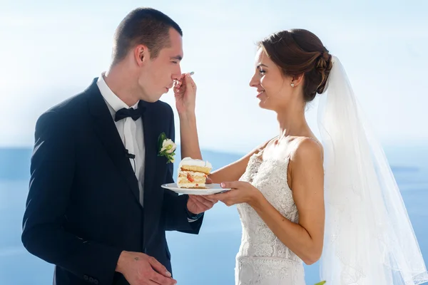 Gelukkige bruid en bruidegom eten taart — Stockfoto