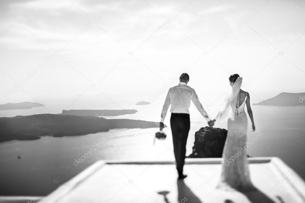 Handsome happy groom and bride