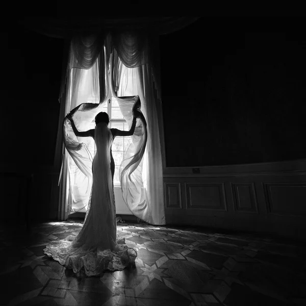 Gorgeous happy bride in white dress — Stock Photo, Image