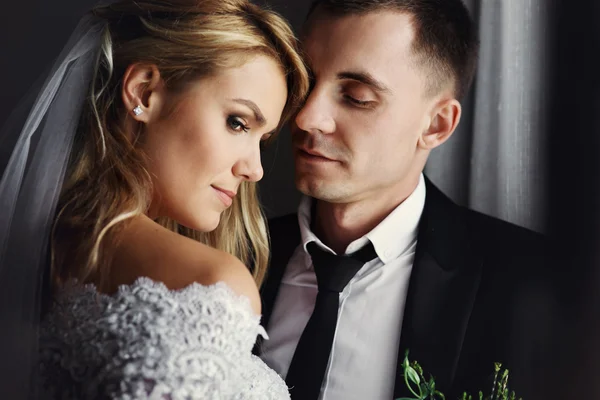 Lyckligt par, bruden och brudgummen poserar — Stockfoto