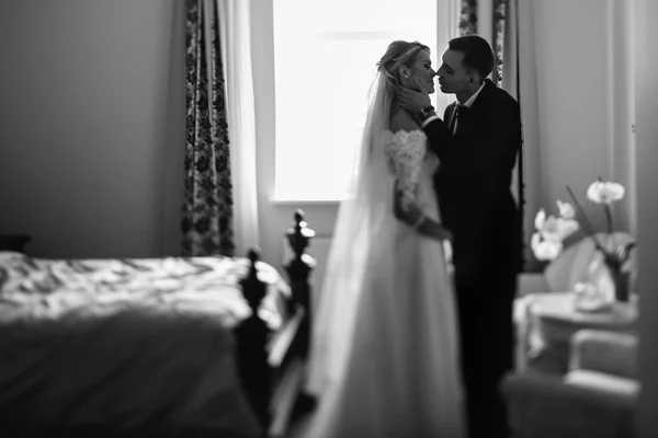 Romantic newlyweds kissing in hotel — Stock Photo, Image