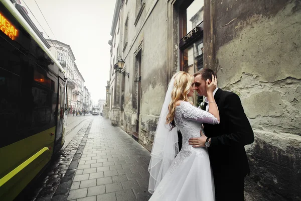 Romantische newlyweds knuffelen — Stockfoto