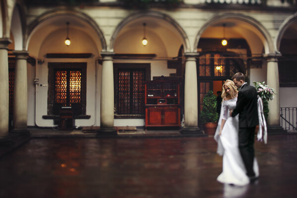 Romantic newlywed couple posing