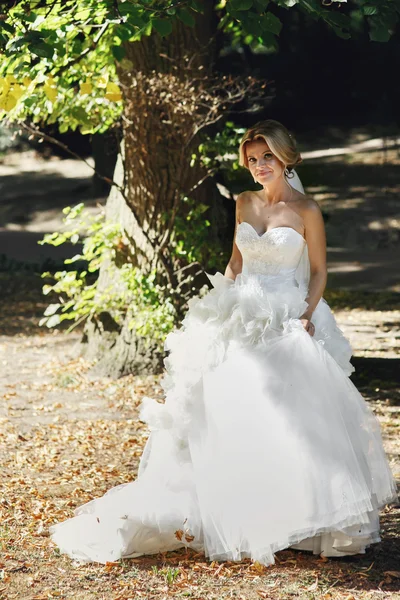 Vakker, blond brud som poserer i parken – stockfoto