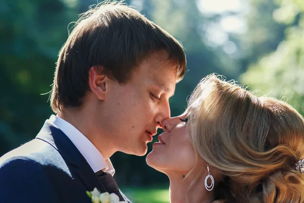 Parkta öpüşme romantik yeni evli çift — Stok fotoğraf