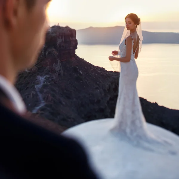 Romantic beautiful couple posing on terrace — Stock Photo, Image