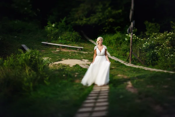 Hermosa novia en un vestido de novia sobre un fondo de montañas —  Fotos de Stock