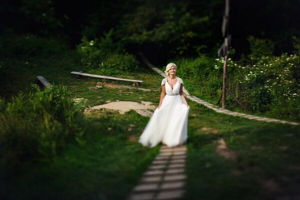 Beautiful bride in a wedding dress on a background of mountains