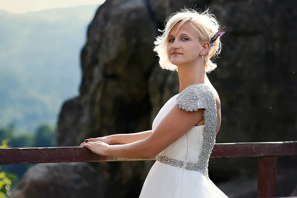 Beautiful bride in a wedding dress on a background of mountains waving his white hair — Stock Photo, Image